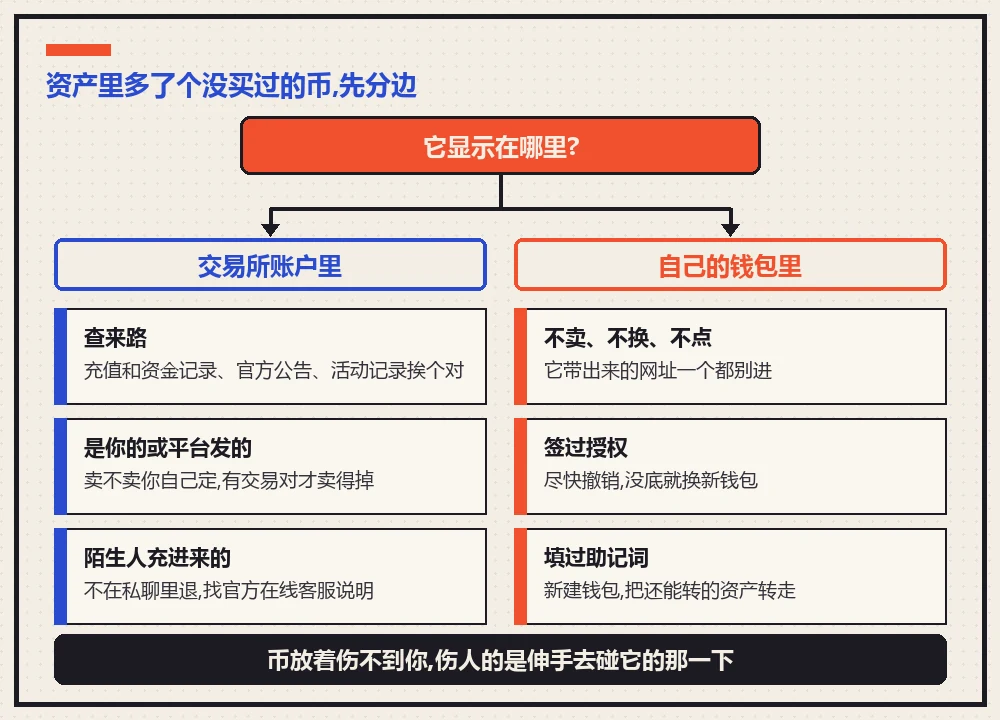 分叉图:资产里多了个没买过的币,先分成交易所账户和自己的钱包两边。交易所一边是查来路、自己的或平台发的由你决定卖不卖、陌生人充的不私下退回而找官方客服;钱包一边是不卖不换不点它带出的网址、签过授权就尽快撤销、填过助记词就换新钱包把资产转走